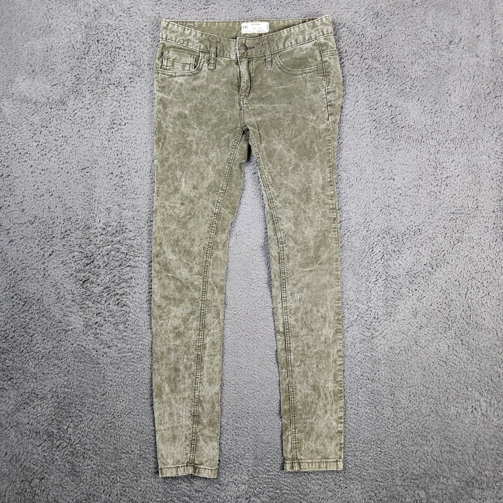 Free People Womens Acid Wash Corduroy Skinny Pants Olive Green W26 Low Rise